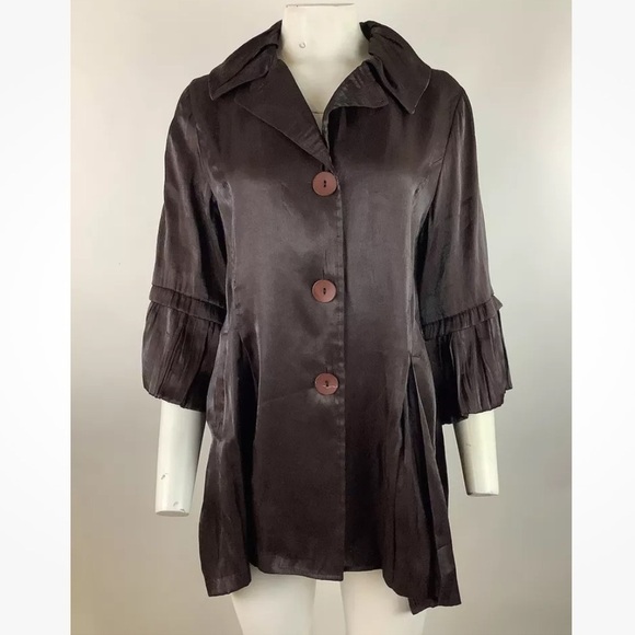 Damee Inc Sz L Shiny Look Button Cardigan Brown Polyester 3/4 Sleeve V Neck - Picture 1 of 7